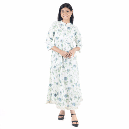 White Flower Printed Embellished Long Maxi Kurta