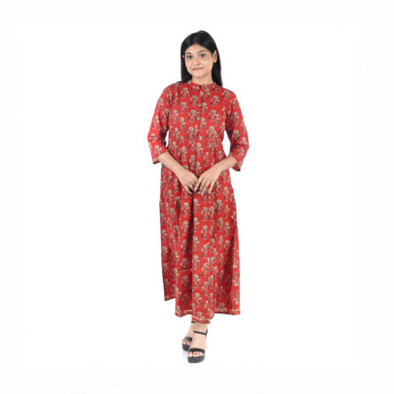Red Floral Printed Gota Embroidered Long Maxi Kurta