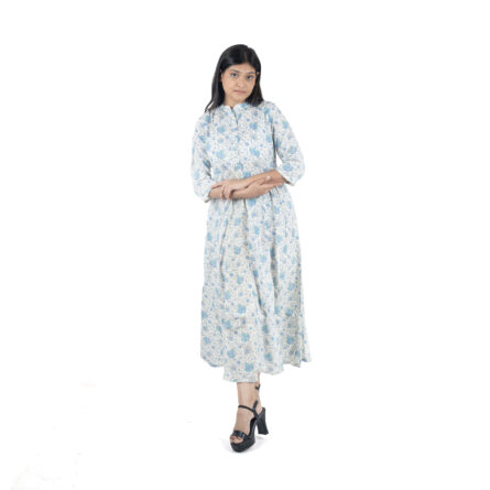 White Floral Printed Maxi Kurta Dress