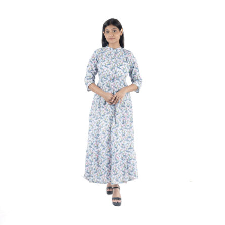 White Floral Printed Maxi Kurta Dress
