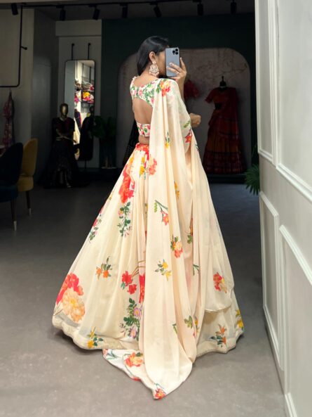 Floral Print Off-White Georgette Lehenga