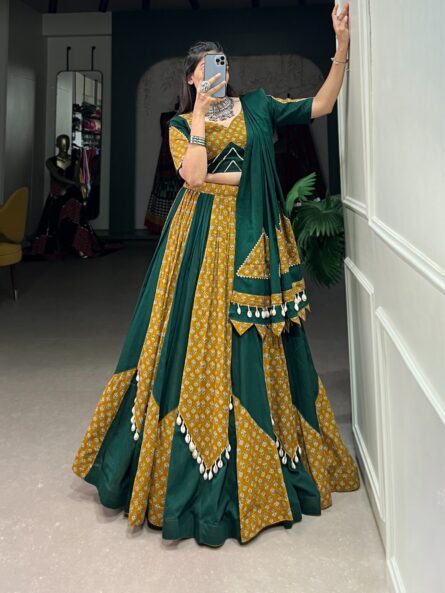 Mustard & Green Cotton Chaniya Choli with Cowrie Work