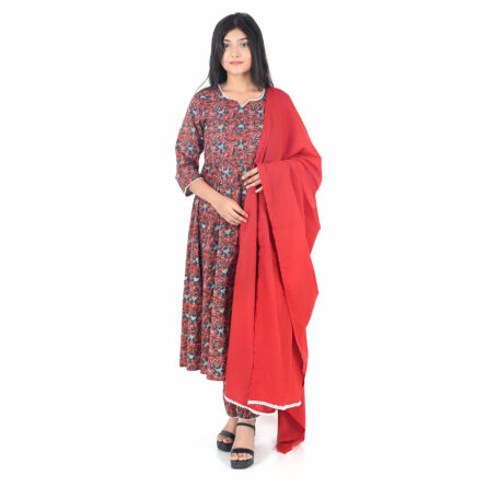 Stunning Red Kalamkari Printed Anarkali Suit with Dupatta