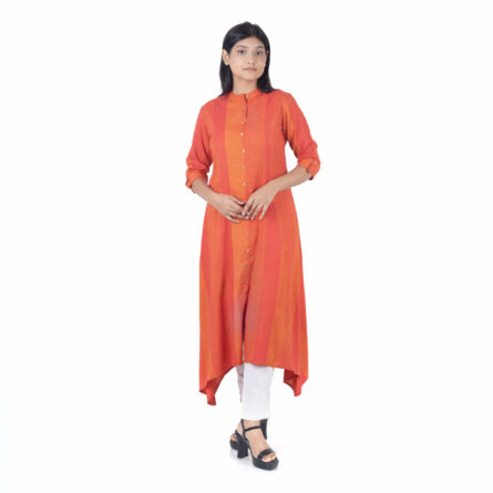 Pretty Orange Flowy Seam Cotton Kurta with White Cotton Pants