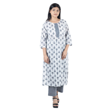 Black and White Printed Yolk Design A-Line Kurta with Trouser