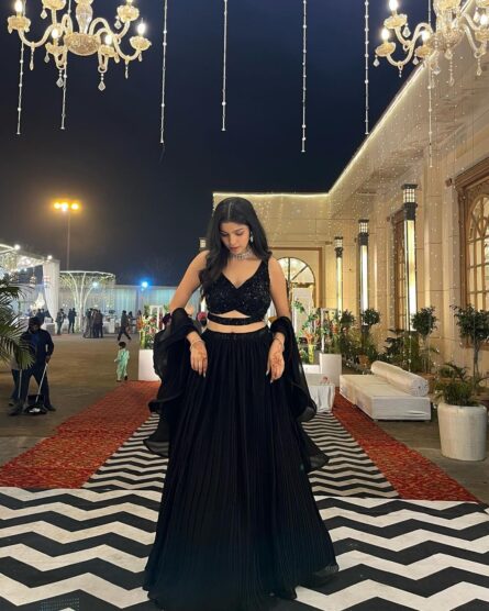 Black Lehenga with Strap Blouse and Ruffle Dupatta