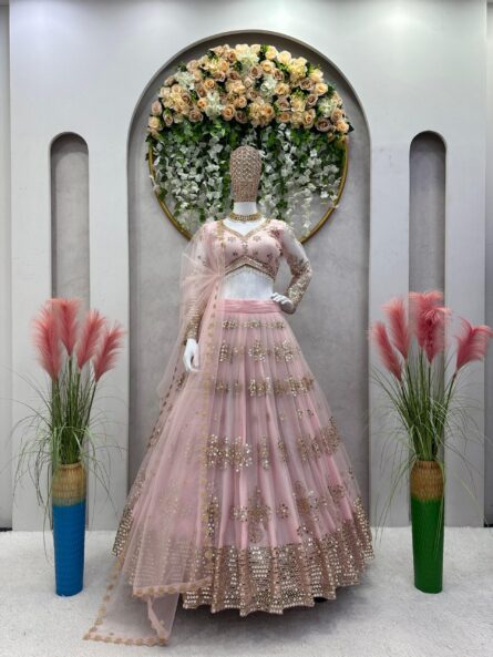 Baby Pink Sequined Butterfly Net Lehenga Choli and Dupatta Set