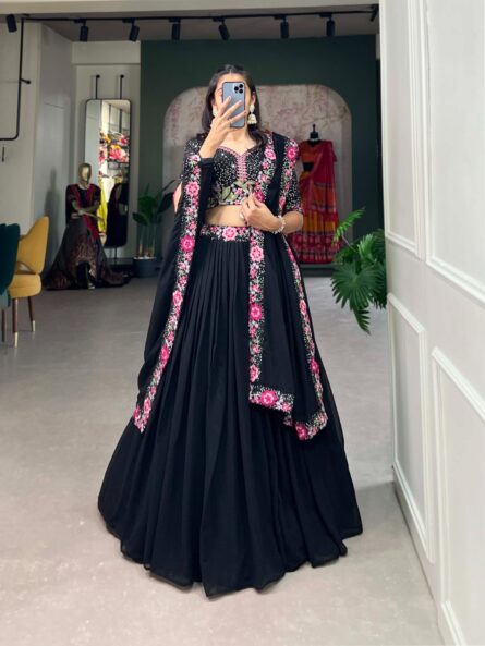 Black Georgette Lehenga Choli Adorned with Sequins and Delicate Embroidery